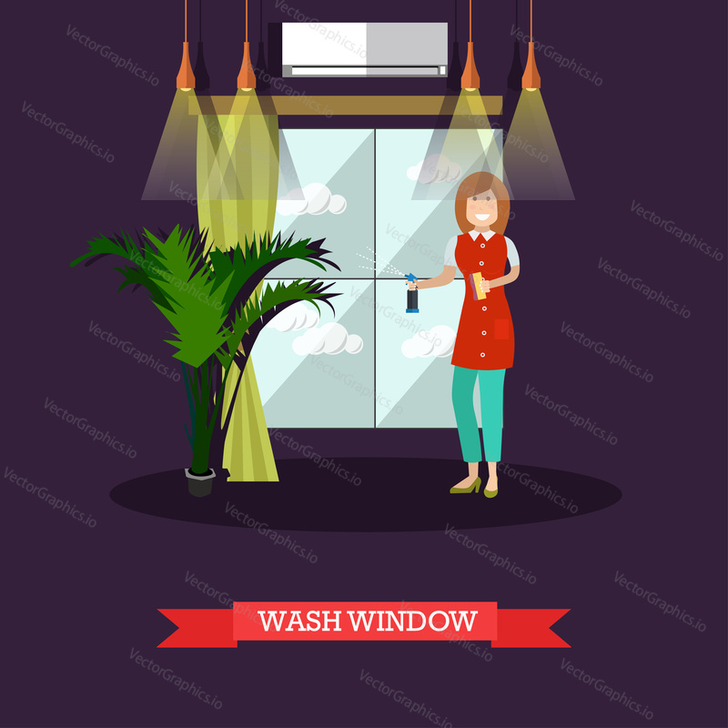 Vector illustration of cleaning woman washing window. Cleaning company services concept design element in flat style.