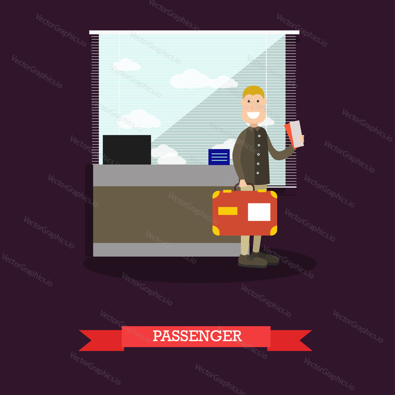 Vector illustration of air traveler male with tickets and suitcase at airport. Passenger flat style design element.
