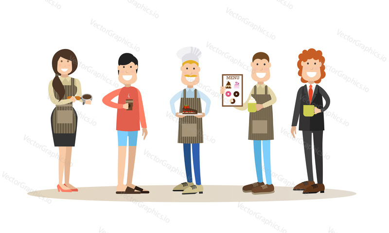 Vector illustration of coffee house people waitress, baker, waiter, boss and customer with coffee to go. Flat style design elements, icons isolated on white background.