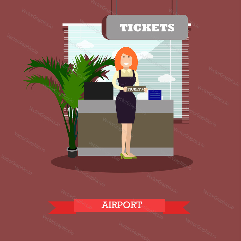 Airport concept vector illustration in flat style. Ticket agent standing in front of ticket counter flat style design element.