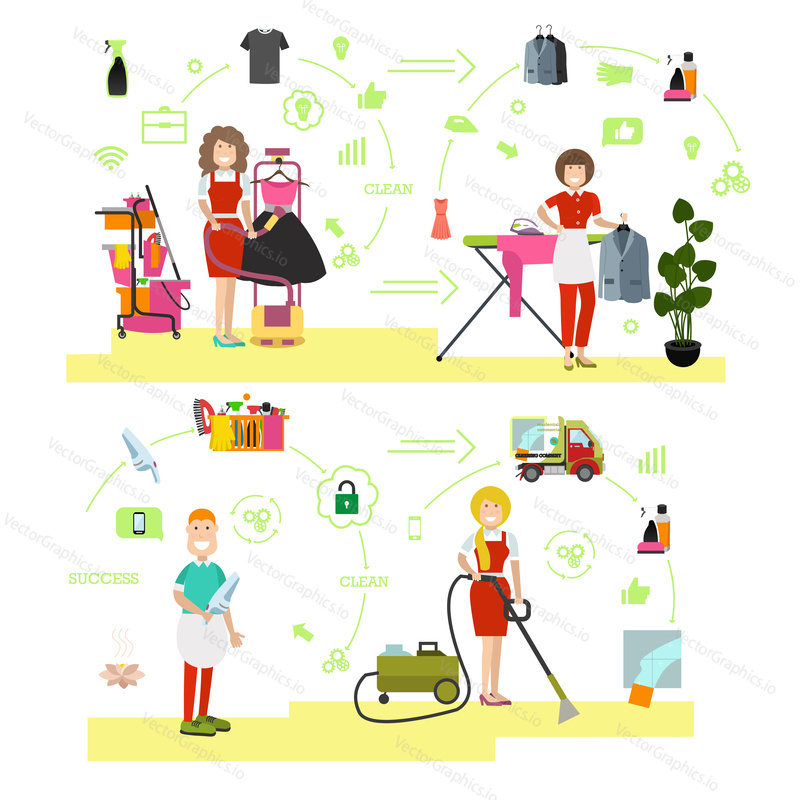 Vector illustration of cleaning company staff male and female ironing clothes, doing vacuuming. Cleaning people symbols, icons isolated on white background. Flat style design.