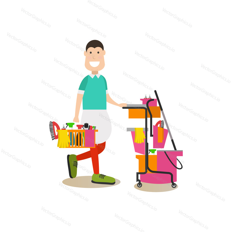 Vector illustration of professional cleaner male with cleaning service trolley and house cleaning supplies. Cleaning people flat style design element, icon isolated on white background.