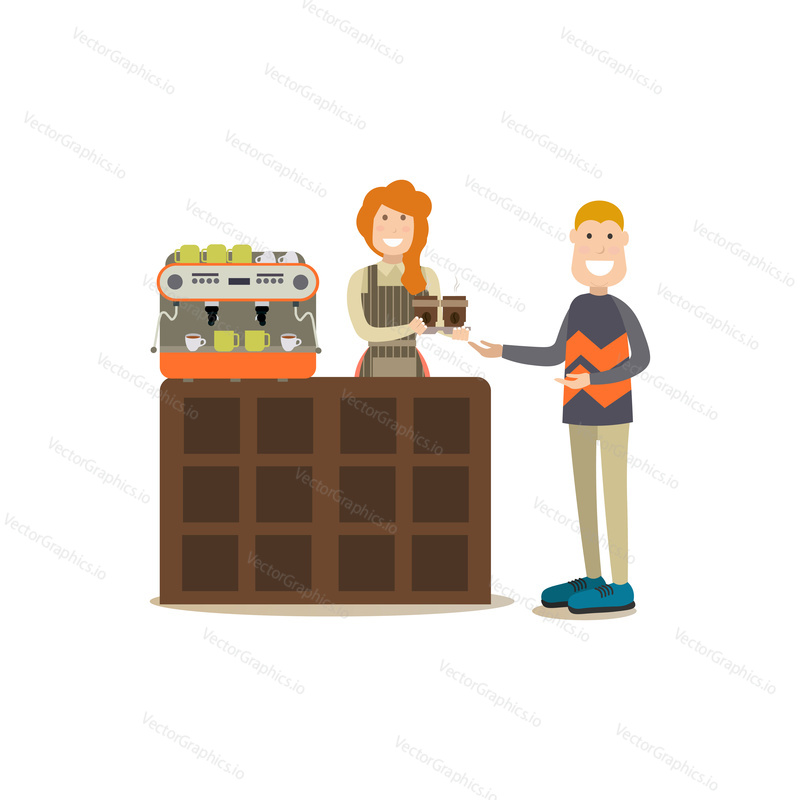 Vector illustration of customer buying coffee to go, smiling saleswoman with cups of coffee. Coffee house people flat style design element, icon isolated on white background.
