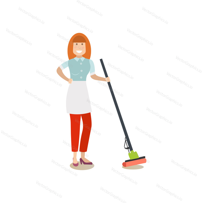 Vector illustration of cleaning lady with sponge mop. Cleaning people flat style design element, icon isolated on white background.