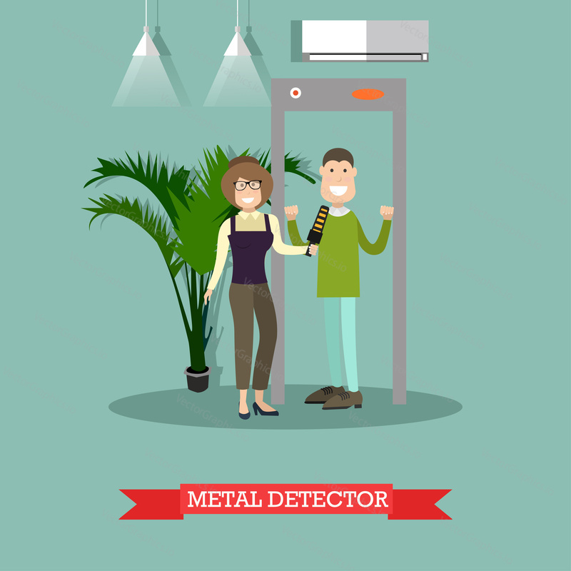 Vector illustration of security staff female scanning passenger male with metal detector. Airport terminal, security checkpoint concept design element in flat style.