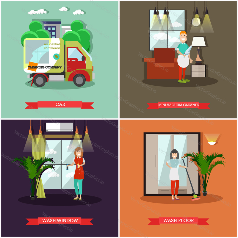 Vector set of cleaning posters, banners. Car, Mini vacuum cleaner, Wash window, Wash floor flat style design elements.