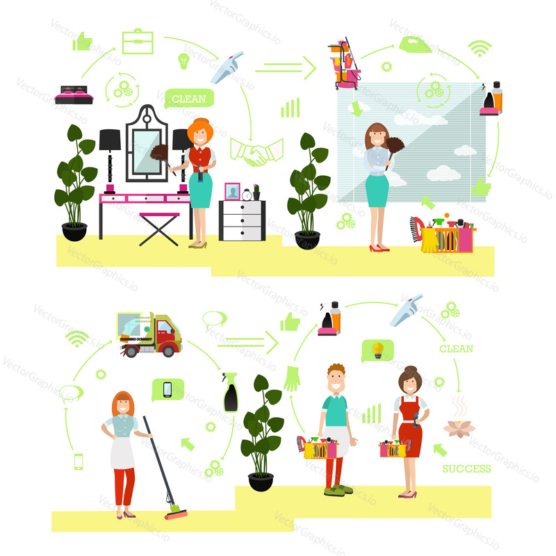 Vector illustration of professional cleaning ladies and cleaner male washing floor, dusting furniture. Cleaning people symbols, icons isolated on white background. Flat style design.