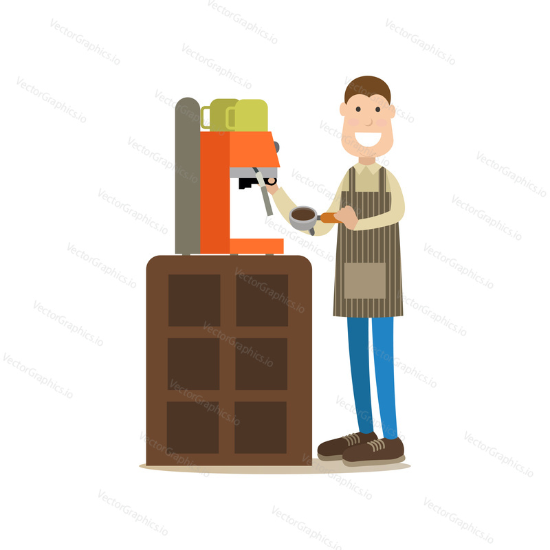 Vector illustration of barista making coffee. Coffee house people flat style design element, icon isolated on white background.