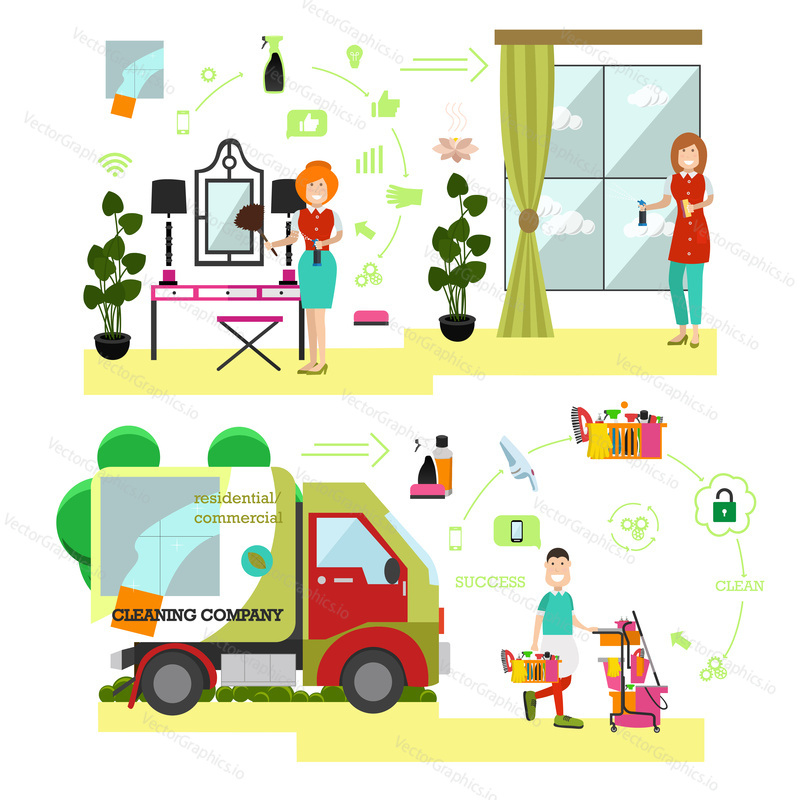 Vector illustration of professional cleaning ladies washing window, furniture, cleaner male with trolley came by car. Cleaning people symbols, icons isolated on white background. Flat style design.
