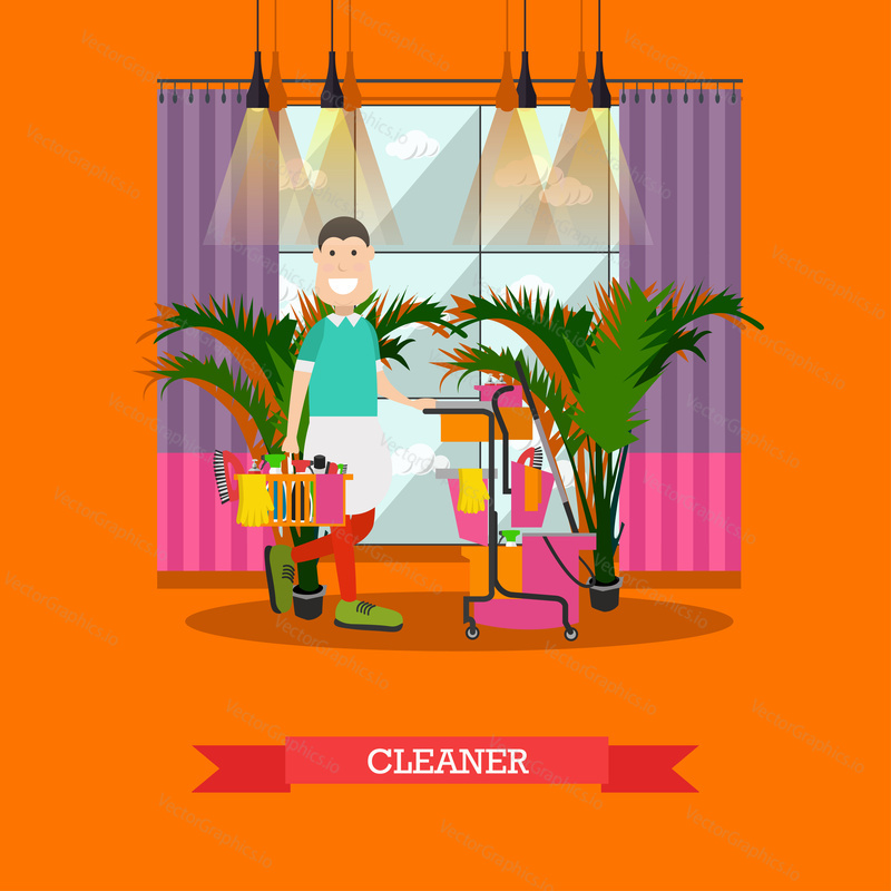 Vector illustration of professional cleaner male with cleaning service trolley and house cleaning supplies. Cleaning company services concept design element in flat style.