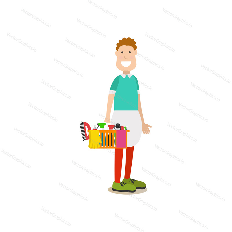 Vector illustration of professional cleaner male with house cleaning supplies. Cleaning people flat style design element, icon isolated on white background.