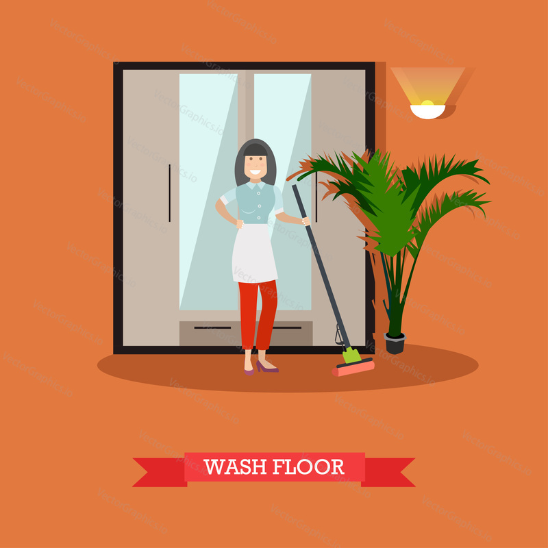 Vector illustration of cleaning woman washing floor with sponge mop. Cleaning company services concept design element in flat style.