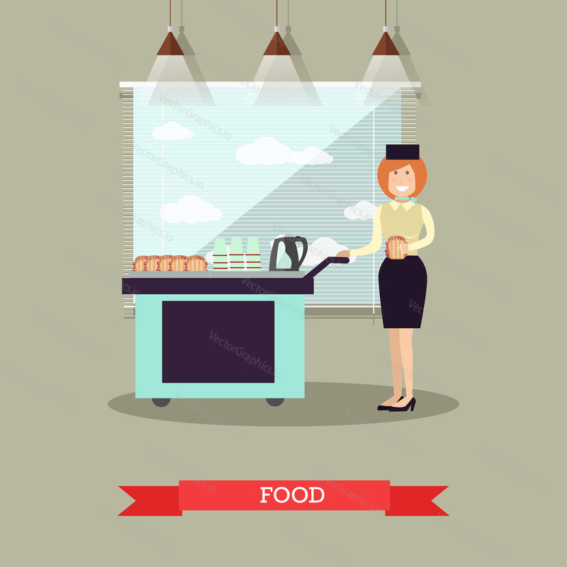 Vector illustration of stewardess with food trolley. Airline food flat style design element.