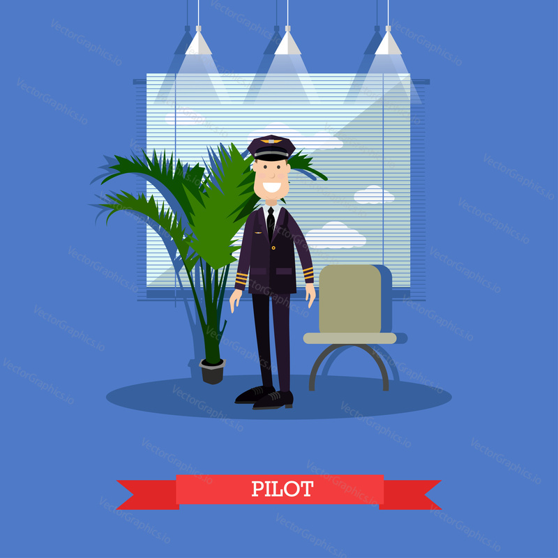 Vector illustration of commercial airlines pilot in uniform. Airline staff flat style design element.