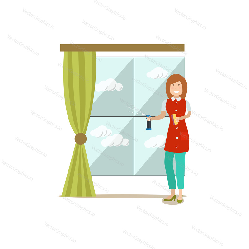 Vector illustration of cleaning lady washing window. Cleaning people flat style design element, icon isolated on white background.