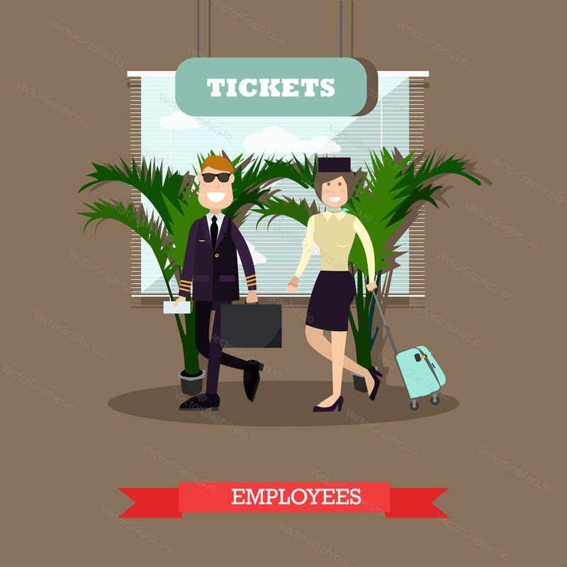 Vector illustration of pilot and stewardess with luggage. Airline staff, cabin crew concept design element in flat style.