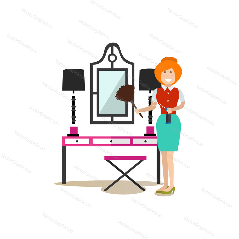 Vector illustration of cleaning lady washing dyes from vanity mirror with brush. Cleaning people flat style design element, icon isolated on white background.