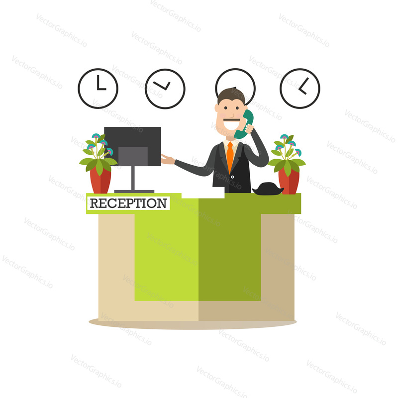 Vector illustration of hotel worker receptionist male standing at reception desk and talking on the telephone. Hotel people flat style design element, icon isolated on white background.