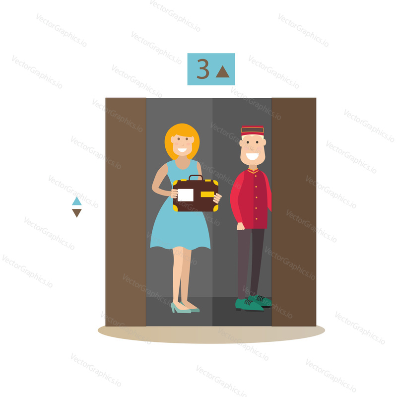 Vector illustration of doorman or lift operator standing with guest female in elevator. Hotel people flat style design element, icon isolated on white background.