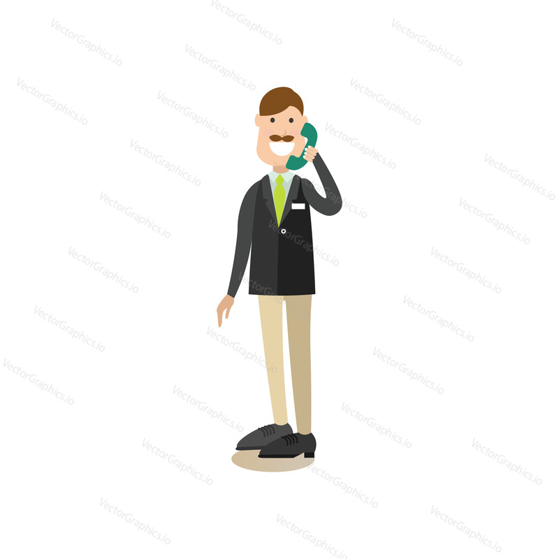 Vector illustration of hotel worker receptionist male talking on the telephone. Hotel people flat style design element, icon isolated on white background.