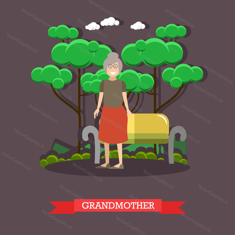 Vector illustration of grandma standing next to bench in the park. Grandmother flat style design element.