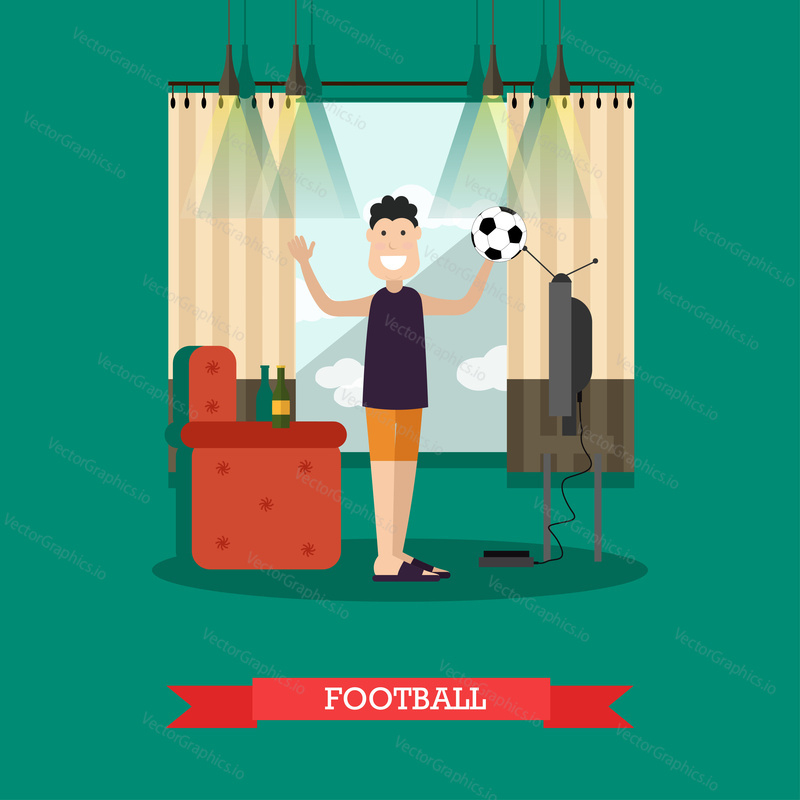 Vector illustration of man standing with arms raised and holding ball. Father watching football on tv in living room. Flat style design.