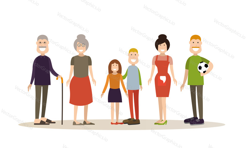 Vector illustration of grandparents, parents and children boy and girl. Family people concept flat style design elements, icons isolated on white background.