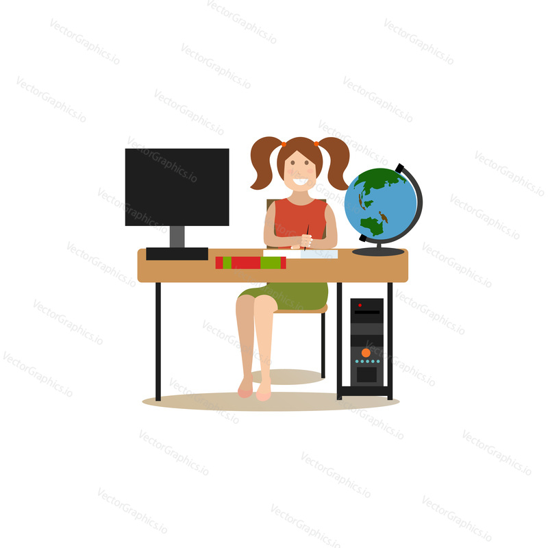 Vector illustration of happy cute girl doing homework. Flat style design element, icon isolated on white background.