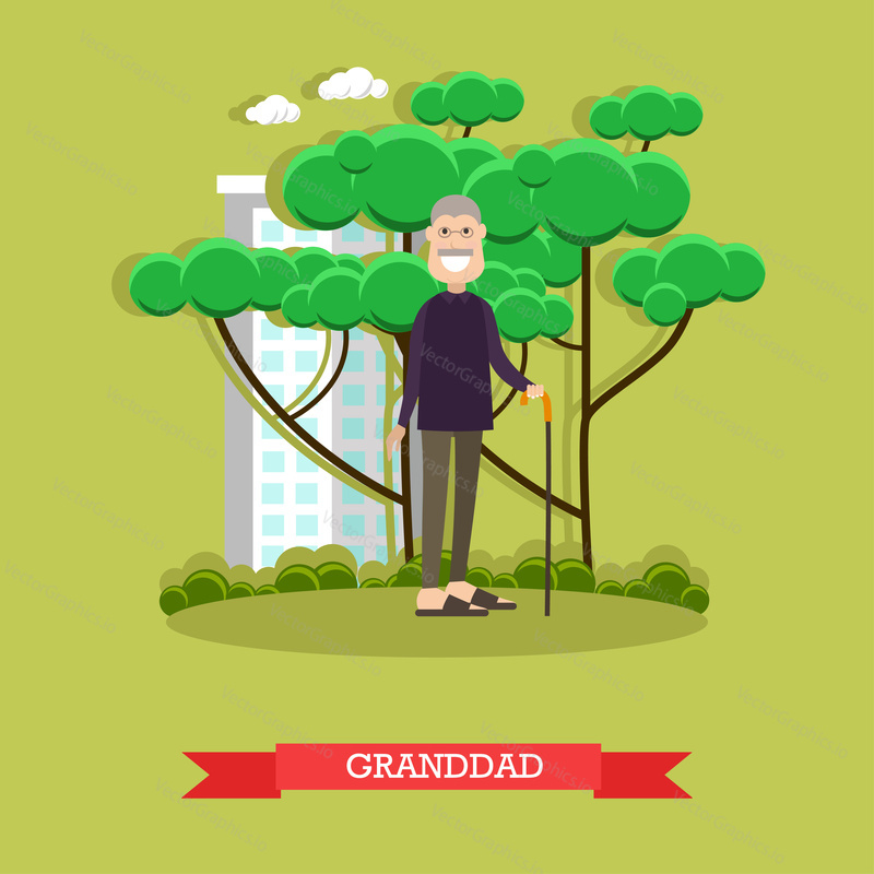 Vector illustration of grandfather with walking cane. Granddad flat style design element.