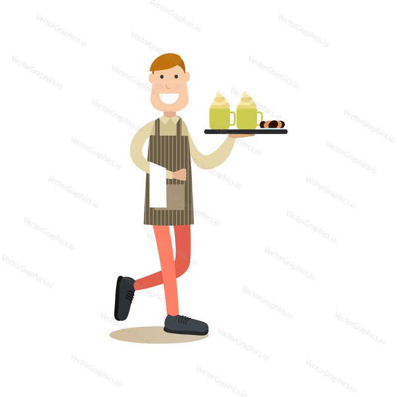 Vector illustration of waiter holding tray with cappuccino and cookies. Coffee house people flat style design element, icon isolated on white background.