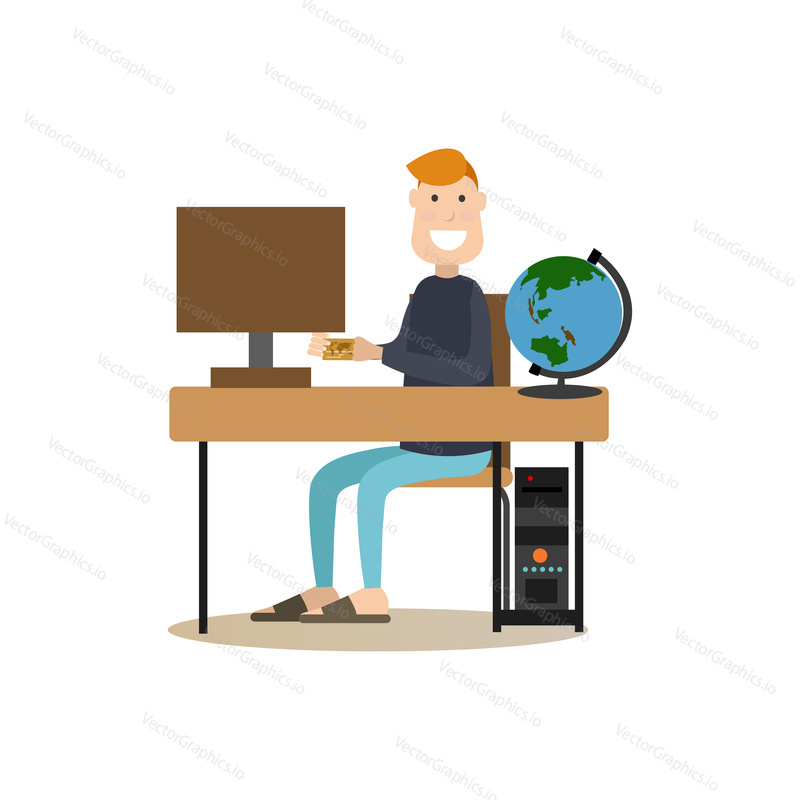 Online hotel booking vector illustration. Man making reservation of hotel room. Hotel people flat style design element, icon isolated on white background.