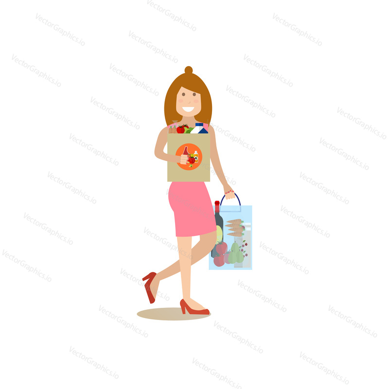 Vector illustration of woman with bags full of groceries. Mother with purchases. Family people concept flat style design element, icon isolated on white background.