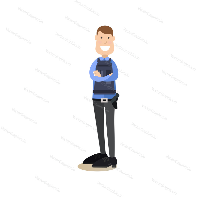 Vector illustration of armed man in uniform standing with arms crossed. Hotel security guard concept design element, icon isolated on white background.