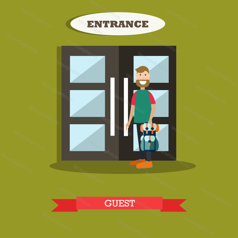 Vector illustration of customer male standing in front of hotel door. Hotel guest concept flat style design element.