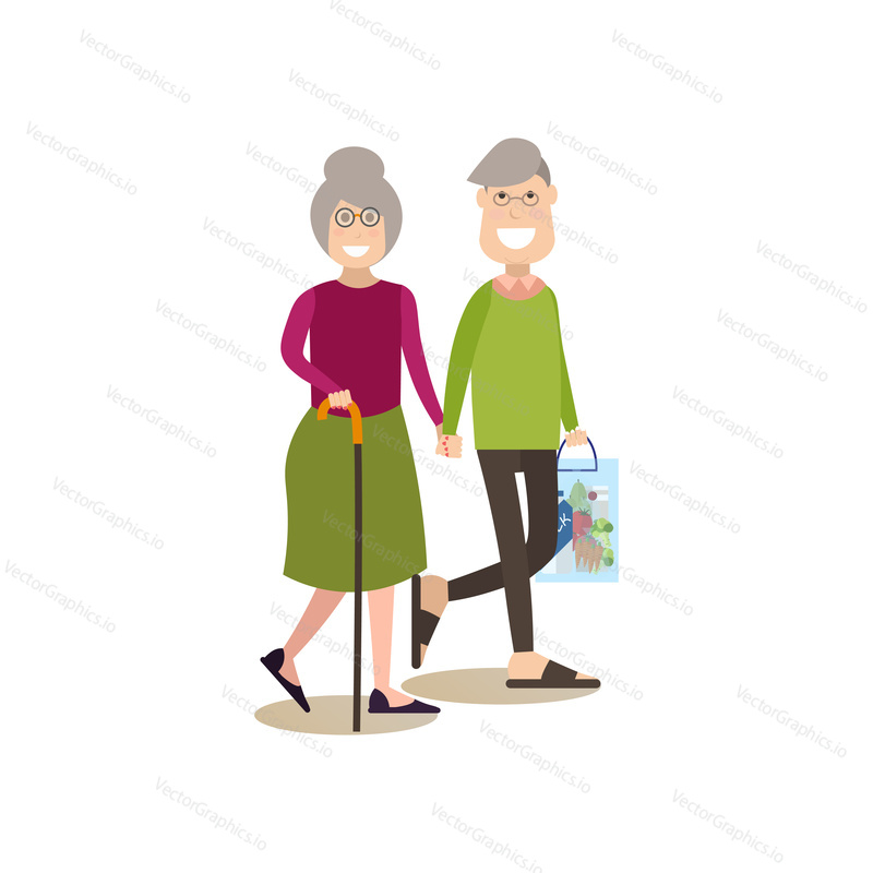 Vector illustration of elderly man and woman holding hands. Parents concept flat style design element, icon isolated on white background.