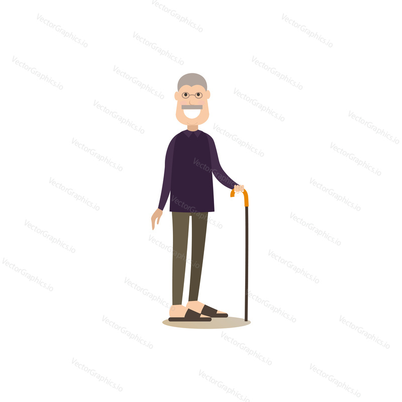 Vector illustration of grandfather with walking cane. Granddad flat style design element, icon isolated on white background.