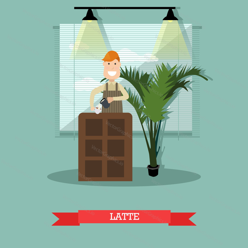 Vector illustration of barista making coffee drink with espresso and steamed milk. Coffee house interior. Latte concept flat style design element.