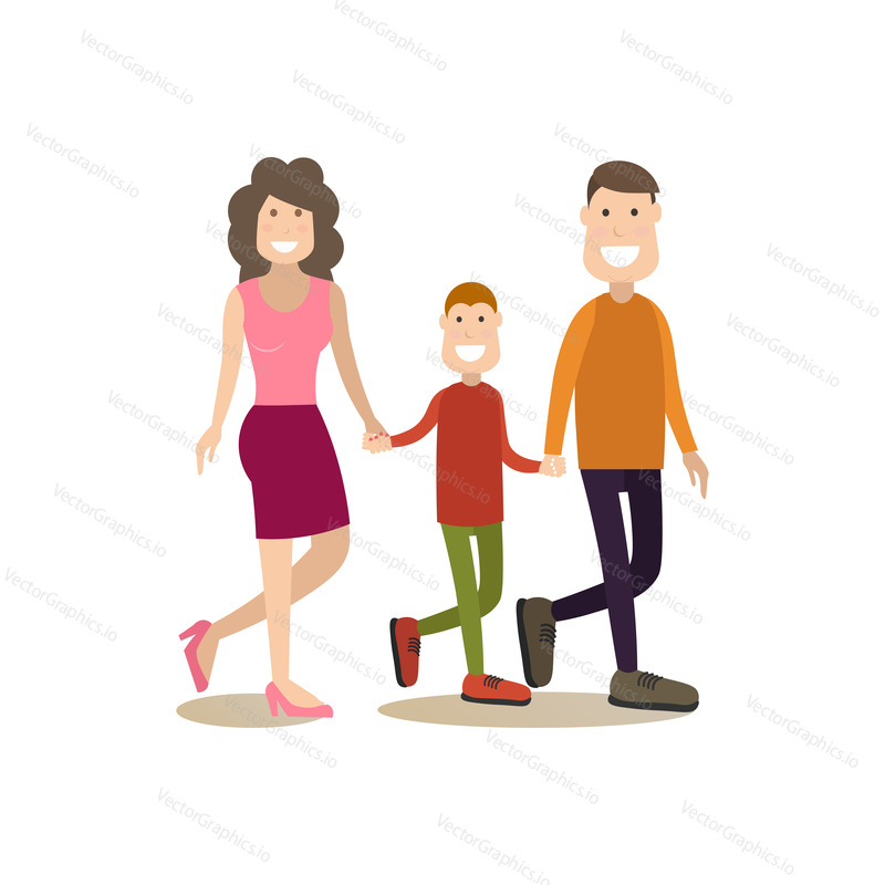 Happy family vector illustration. Father, mother and son holding hands flat style design element, icon isolated on white background.