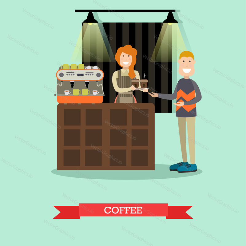 Vector illustration of customer buying coffee to go, smiling saleswoman with cups of coffee. Coffee house interior. Flat style design.