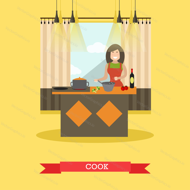 Vector illustration of woman cooking in kitchen. Mother preparing food flat style design element.