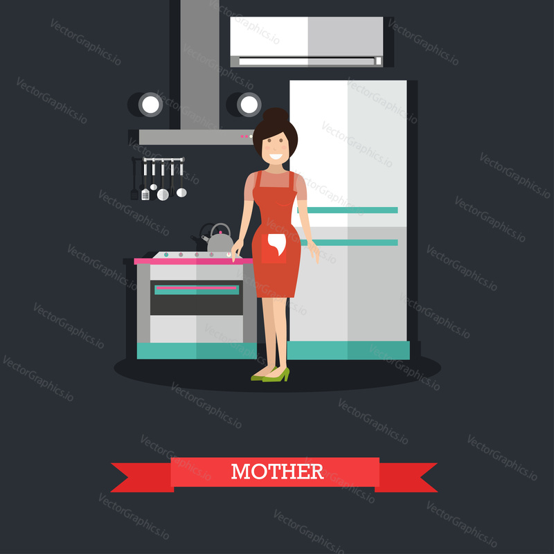 Vector illustration of woman standing next to stove in kitchen. Mother flat style design element.
