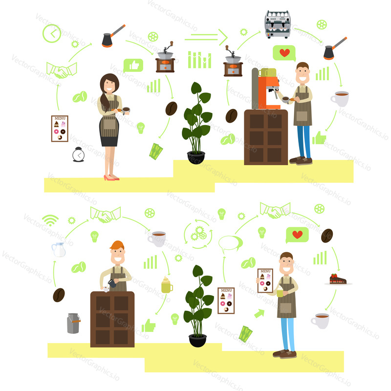 Vector set of coffee shop workers males and female making coffee, latte. Coffee house people symbols, icons isolated on white background. Flat style design.