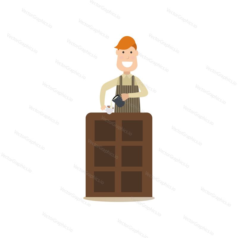 Vector illustration of barista making latte. Coffee house people flat style design element, icon isolated on white background.