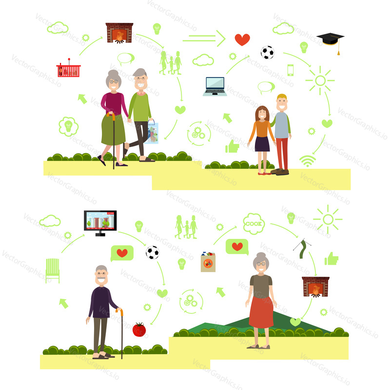 Vector illustration of elderly man and woman grandparents holding hands, happy children grandson and granddaughter. Family people symbols, icons isolated on white background. Flat style design.