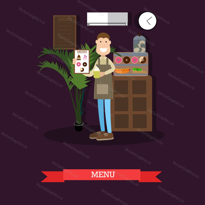 Vector illustration of waiter or barista holding menu and mug with coffee drink and whipped cream. Coffee house interior. Menu concept flat style design element.