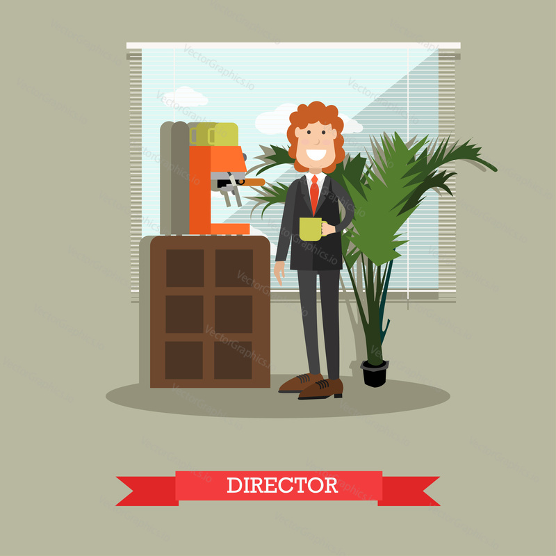 Vector illustration of coffee house director with cup of coffee drink. Coffee house interior and coffee making equipment. Flat style design.