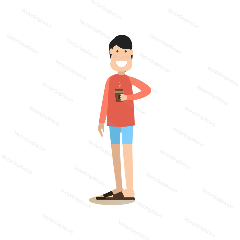 Coffee to go concept vector illustration in flat style. Young man with takeaway coffee. Coffee house people flat style design element, icon isolated on white background.