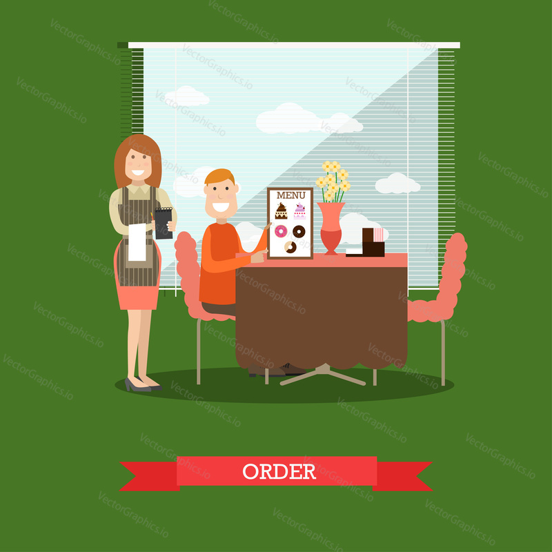 Vector illustration of waitress taking order from visitor male sitting at table and holding menu. Coffee house interior. Flat style design.