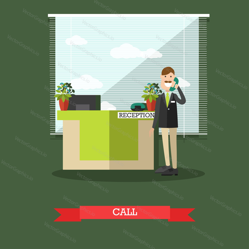 Hotel reception concept vector illustration. Hotel worker receptionist male standing next to reception desk and answering the phone or making a call flat style design element.