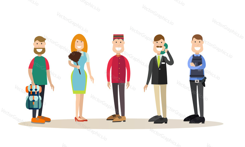 Vector illustration of hotel workers receptionist, chambermaid, porter, doorman, security guard and guest male. Hotel people flat style design elements, icons isolated on white background.
